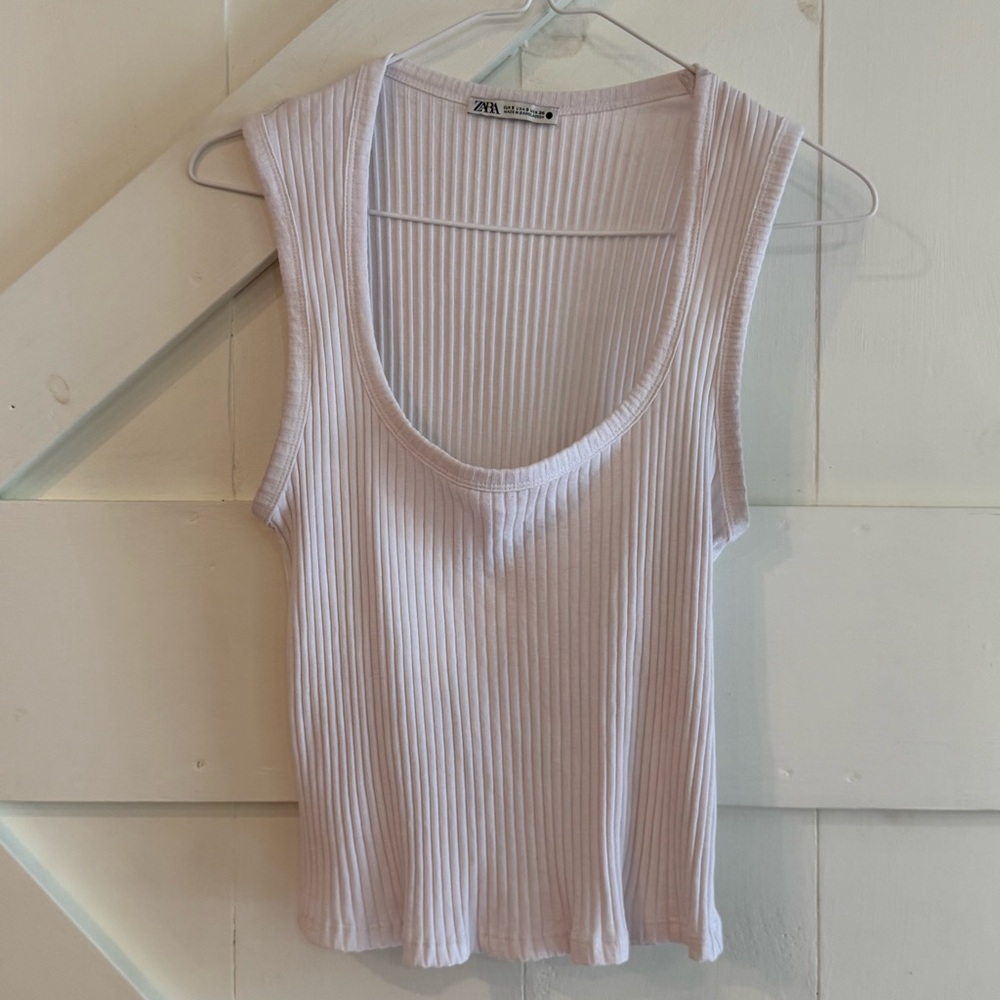 Zara White Ribbed Tank Top Scoop Neck Small Neutral Perfect for Layering‎